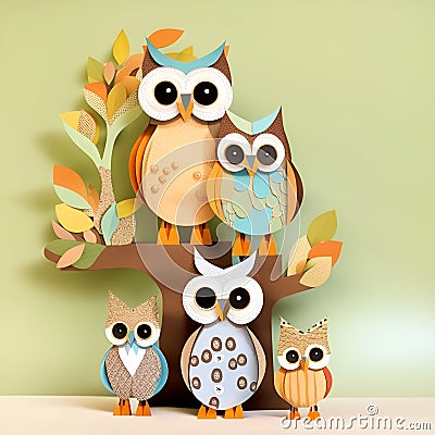 Owl family papercraft Stock Photo