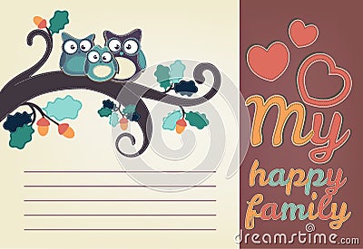 Owl family sitting on a tree branch Vector Illustration