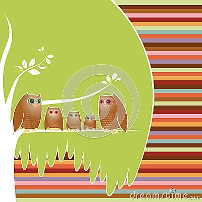 Owl Family Tree Vector Illustration