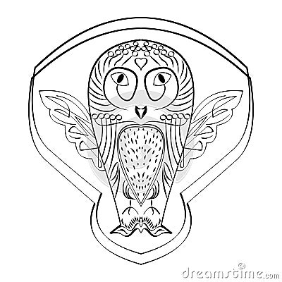 Owl figure tatoo, calligraphic line drawing, symmetric owl bird, black and white design, wisdom symbol Vector Illustration