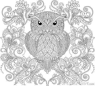 Owl and floral ornament. Adult antistress coloring page Vector Illustration