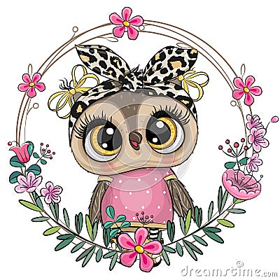 Owl with a floral wreath Vector Illustration