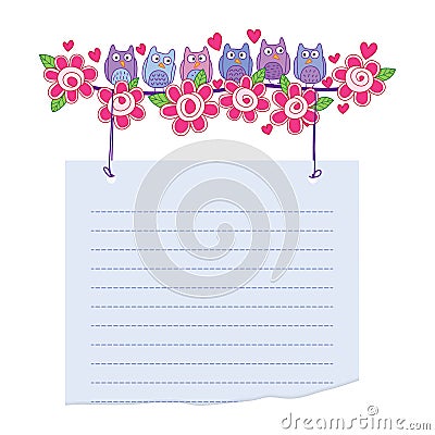 Owl flower leaf silly cute banner write note Vector Illustration