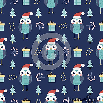 Owl with gifts and Christmas trees and other decorative elements on a dark blue background. Christmas and new year print. Vector Stock Photo