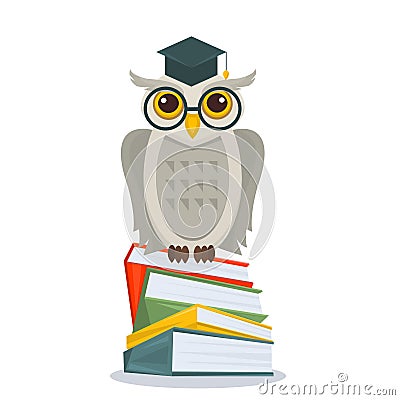 Owl with glasses and academic hat sitting on books stack. Owl on books isolated. Education concept with owl. Vector illustration. Vector Illustration