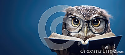 Owl in glasses with book on blue background. Owl reading, wisdom, reading develope concepte Stock Photo