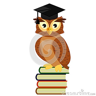 Owl graduate in cap sitting on a pile of books Vector Illustration