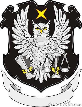 The owl is gray on a black coat of arms with a ribbon under it Vector Illustration