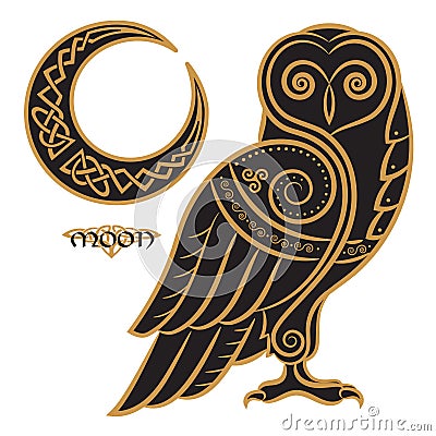 Owl hand-drawn in Celtic styl, on the background of the Celtic moon ornament Vector Illustration