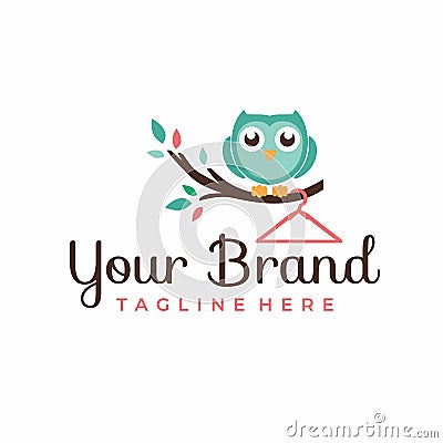 Owl Hanger on Branch Logo For Kids and baby Store Logo Vector Illustration