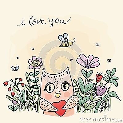 Owl with hearts and flowers. Valentine`s Day. Stock Photo