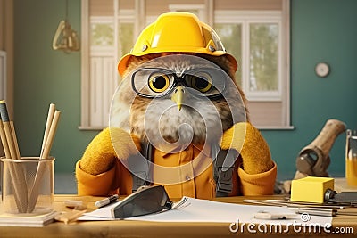 owl in helmet, labor day concept. Stock Photo