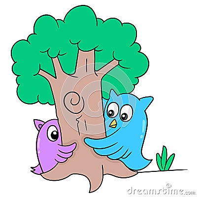 An owl and his friend were playing hide and seek under a big tree, doodle icon image kawaii Vector Illustration