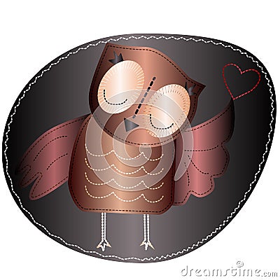 Owl is holding a heart. Imitation of stripe, fabric and stitching, seam Stock Photo