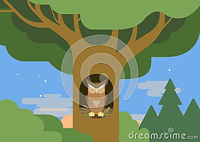 Owl hollow forest habitat flat cartoon vector wild animal bird Vector Illustration