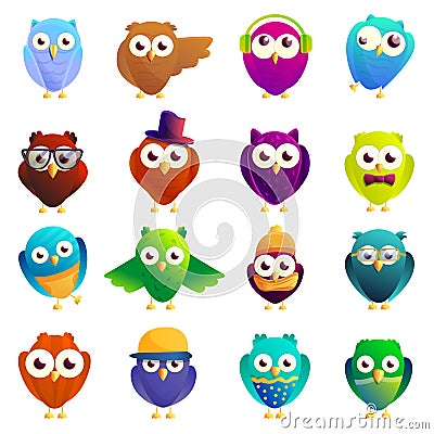 Owl icons set, cartoon style Vector Illustration