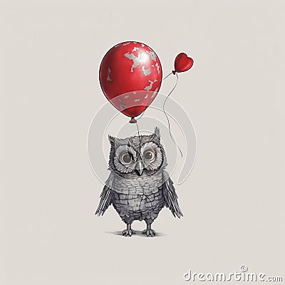 Quirky Realism: Owl Holding Red Balloon - Uhd Illustration Cartoon Illustration