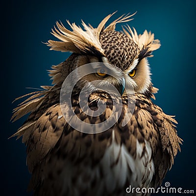 An owl with loose feathers and a baleful stare. Ruffled and shaggy owl, generated AI Stock Photo