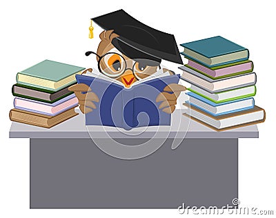 Owl in mortarboard reading book Vector Illustration