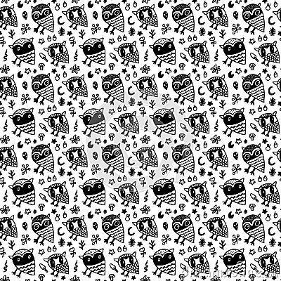Owl nocturnal animals snakes hand drawn seamless pattern in cartoon comic style black white Vector Illustration