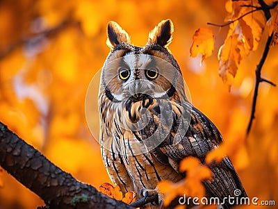 Owl in orange forest yellow leaves. Long-eared Owl with orange oak leaves during autumn. Wildlife scene fro nature Sweden Cartoon Illustration