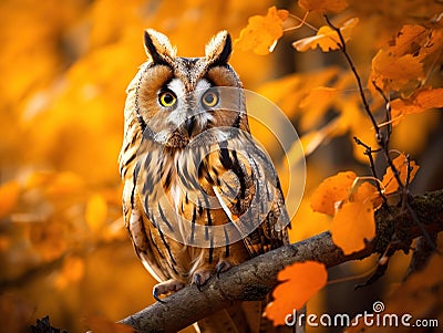 Owl in orange forest yellow leaves. Long-eared Owl with orange oak leaves during autumn. Wildlife scene fro nature Sweden Cartoon Illustration