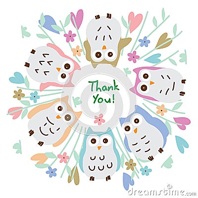 Owl pastel around circle thank you card Vector Illustration