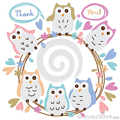 Owl pastel colorful circle thank you template card Vector Illustration