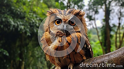 Exaggerated Facial Features Of Brown Owl In Brazilian Zoo Stock Photo