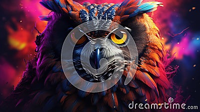 Owl portrait DMT styles, Vivacious, Cybernetic Punk Stock Photo