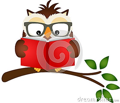 Owl reading a book on tree branch Vector Illustration