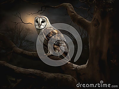 Owl's Night Vigil: A Silent Guardian in the Moonlight Stock Photo