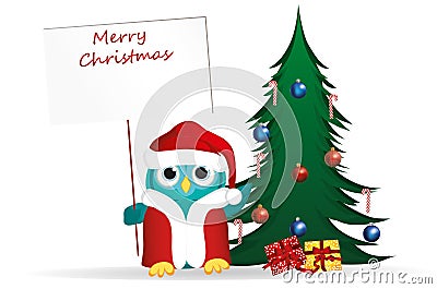 Owl in Santa Claus costume against the background of a Christmas Stock Photo
