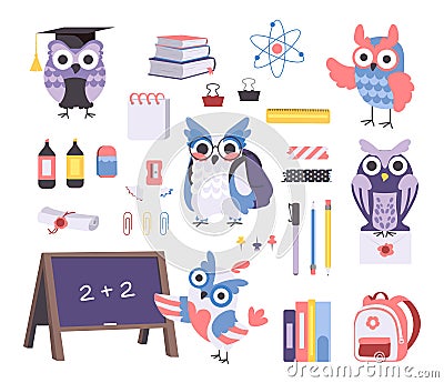 Owl in school. Cartoon bird characters study in class. Graduate owlets with black hat. Creatures carry backpacks. Stacks Vector Illustration