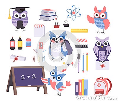 Owl in school. Cartoon bird characters study in class. Graduate owlets with black hat. Creatures carry backpacks. Stacks of books Vector Illustration