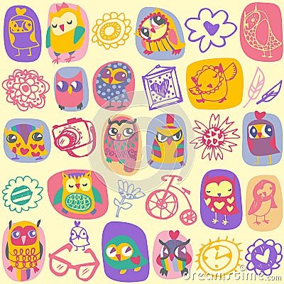 Owl seamless pattern on light background. Hand drawn vector Vector Illustration