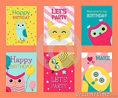 Owl set of birthday cards vector illustration. Welcome to my birthday. Make a wish. Cute cartoon wise birds with wings Vector Illustration