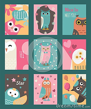 Owl set of cards or banners vector illustration. Hello, hi, how are you. Cute cartoon wise birds with wings of different Vector Illustration