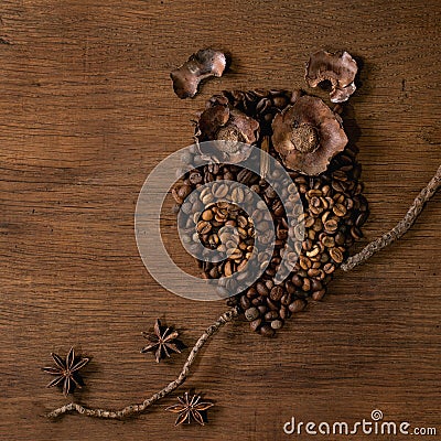 Owl shape from coffee beans and spices Stock Photo