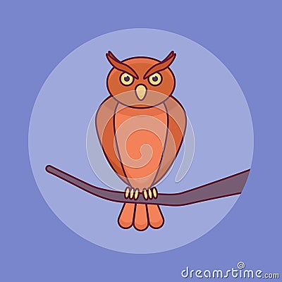 Owl sitting on branch flat line icon. Vector Illustration
