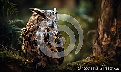 an owl is sitting on a mossy branch in a forest with trees in the background and a blurry image of the owl's eyes Stock Photo