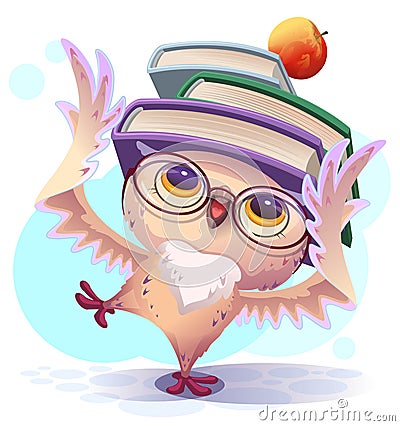 Owl student hold stack of books apple symbol knowledge Cartoon Illustration