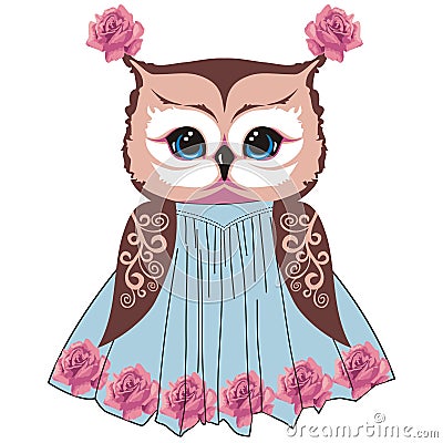 Owl in the style of shabby chic, boho, provence with lace patterns and roses flowers Vector Illustration