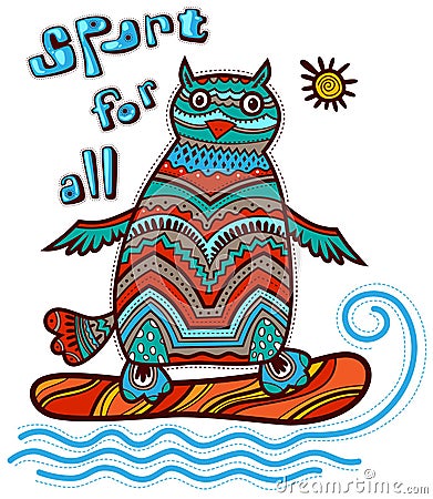 Owl surfing Vector Illustration