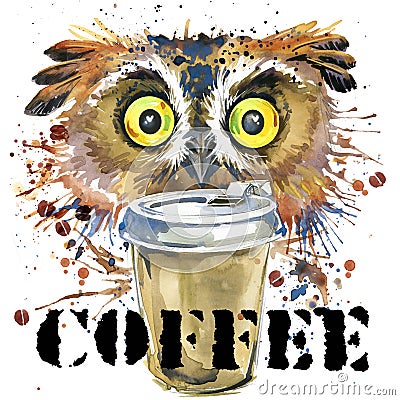 Owl T-shirt graphics. coffee and owl illustration with splash watercolor textured background. Cartoon Illustration