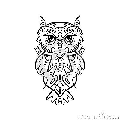 Owl tattoo outline. Boho tribal style. Line ethnic ornaments. Poster, spiritual art, symbol of wisdom. Antistress art Stock Photo