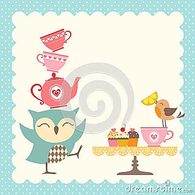 Owl tea time Vector Illustration