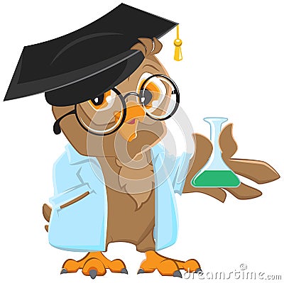 Owl teacher in a blue robe holding a flask Vector Illustration