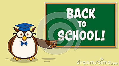 Owl Teacher Cartoon Character With Graduate Cap In Front Of School Chalk Board Vector Illustration