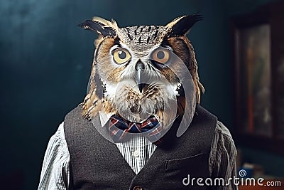 Owl-teacher. eagle owl professor in shirt and bow tie stands against background of chalkboard Stock Photo